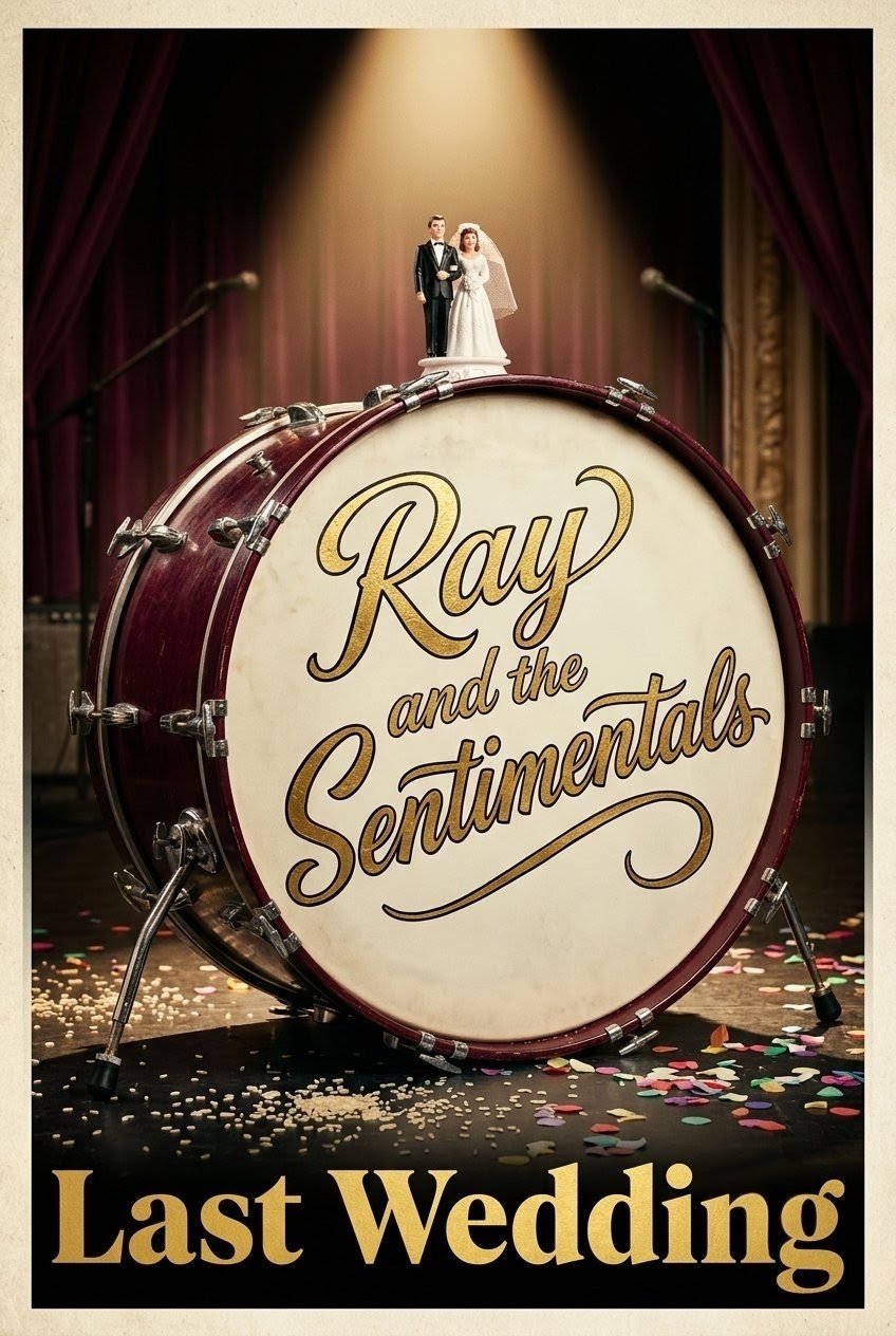 Poster: a bass drum painted with the words Ray and the Sentimentals, a bride-and-groom cake topper on top, confetti on a spotlit stage, and the title Last Wedding
